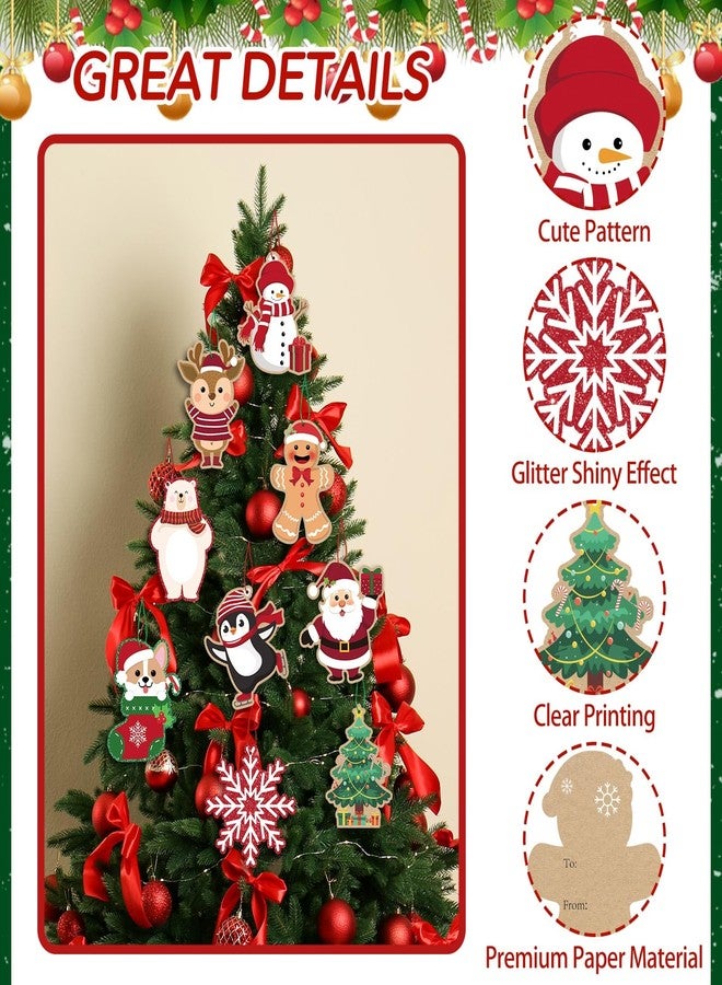 COCHIE Glitter Printed Xmas Gift Labels - 63Pcs Christmas Name Tags with String and Reindeer, Santa, Snowman Gift Labels for DIY Holiday Present Wrapping - Image 3